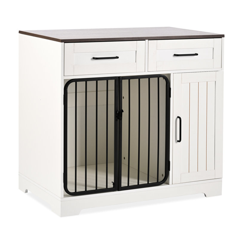 Meuble de rangement pour chien 37,4 ", solution de rangement intérieur 2 en 1 et chenil, brun foncé blanc, à mâcher pour niche moyenne, conception à double porte