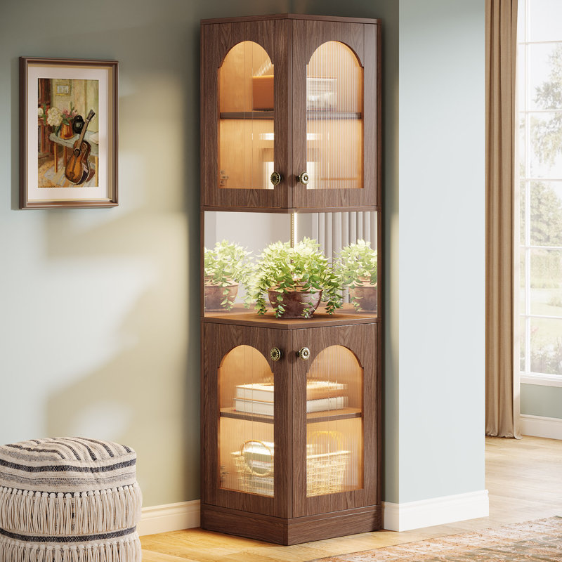 78” Rustic Corner Bookshelf Bookcase With Doors, Corner Display Cabinets With Led Light