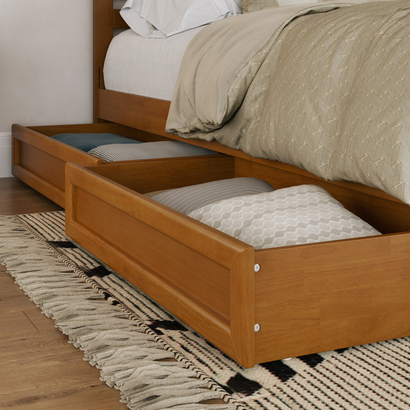 Lit plateforme en bois massif Lamaiyah avec pied de lit et tiroirs de rangement, Caramel clair, Grand