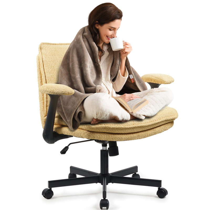 Cross-Legged Teddy  Office Chair With Flip up Armrest &Wide Seat，Ergonomic Fabric Home Office Chair , Yellow