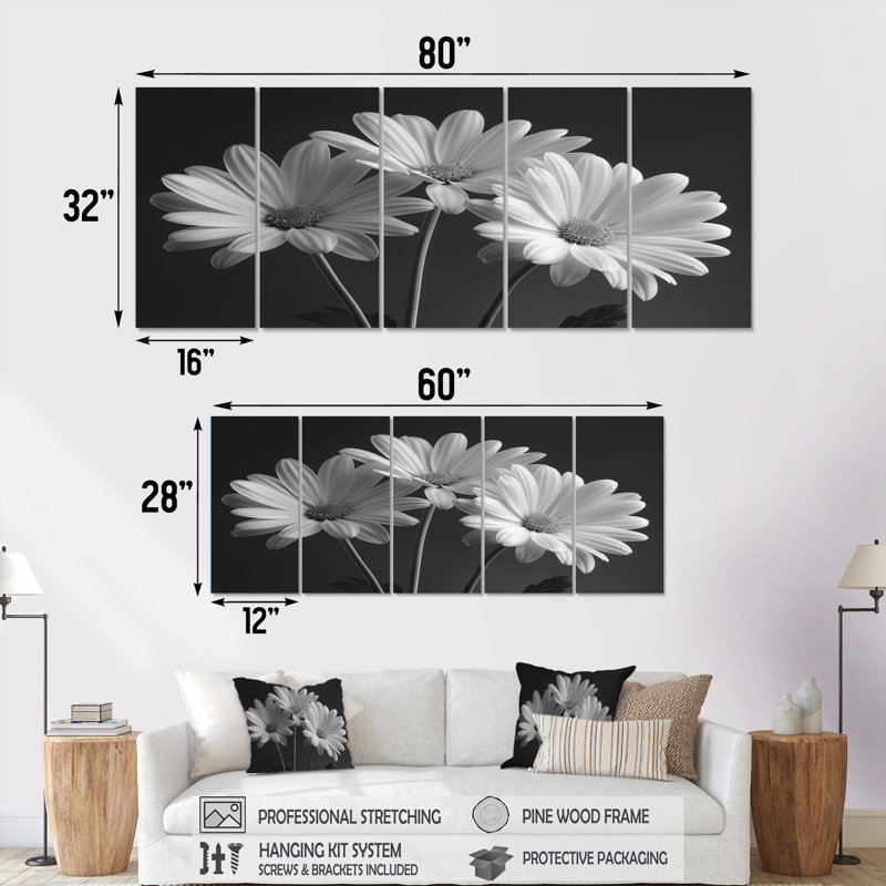 Monochromes noir et blanc «Bliss Daisy Photo IV - Daisies», ensemble d'art sur toile, H 28 po x l 60 po