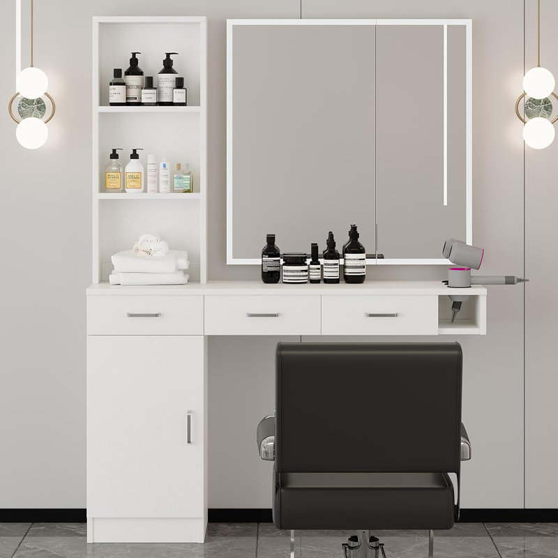 Station murale Thame Salon avec coiffeuse, support pour séchoir à cheveux, Blanc