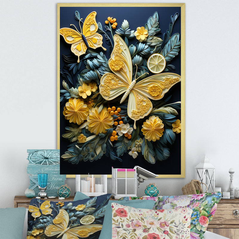 Délice de papillon jaune citron sur toile, Cadre doré simple, H 40 po x l 30 po x P 1,5 po