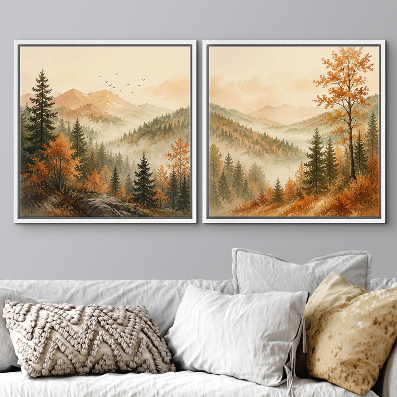«Serene Mountain Valley with Pine Trees and Soft Autumn Landscape», ensemble de 2 reproductions d'art encadrées