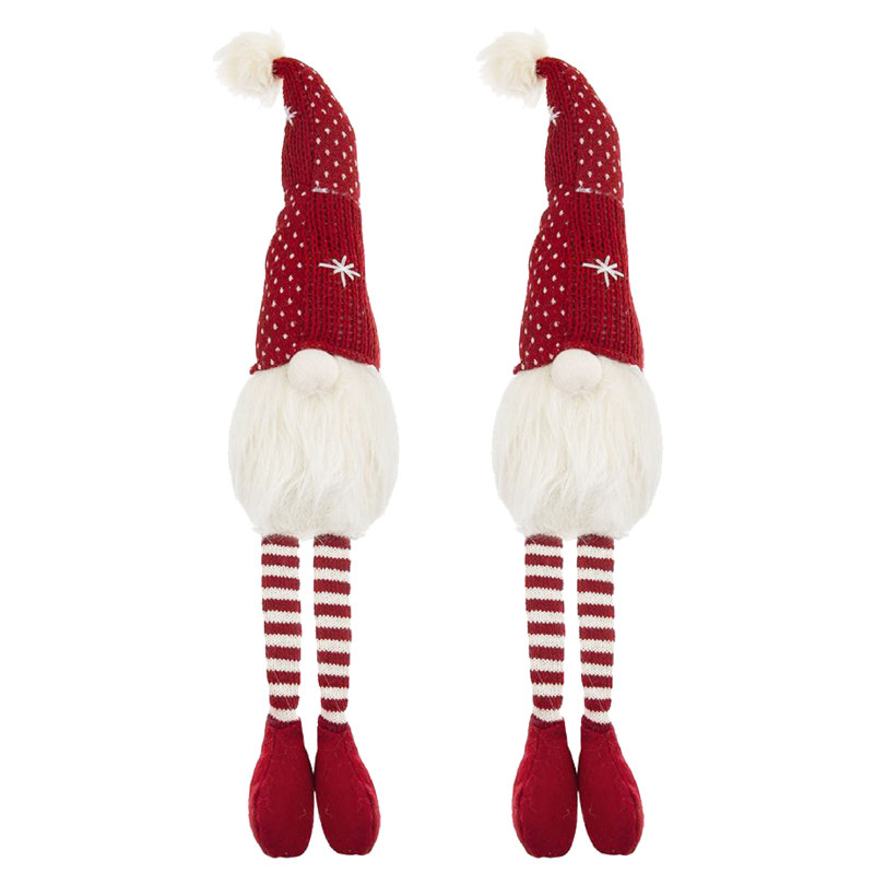 Ensemble de 2 gnomes en tissu avec chapeau rouge et pieds rayés 4,7 po x 4,3 po x 20 po rouge / blanc