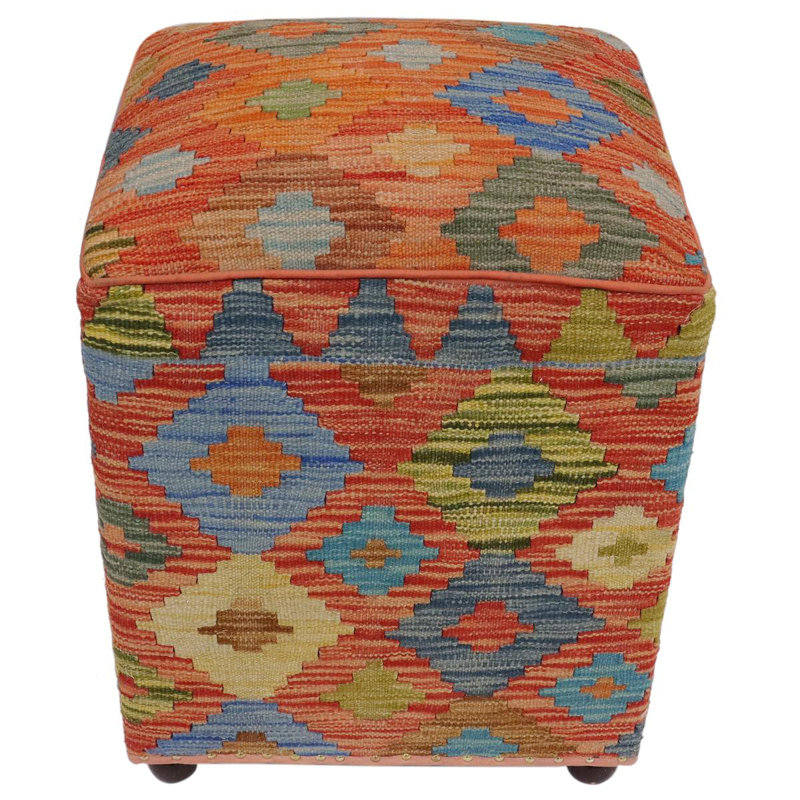 Repose-pieds standard carré de 15 po de largeur Aprea, Orange / bleu / or / laine verte