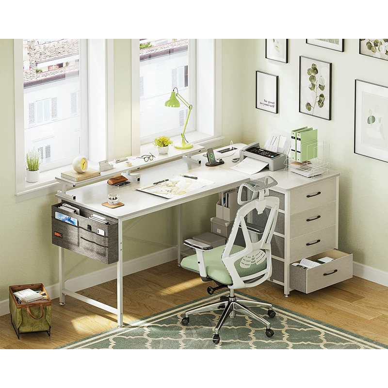 Yatendra L-Shaped Metal Base Writing Desk with Power Outlet, White