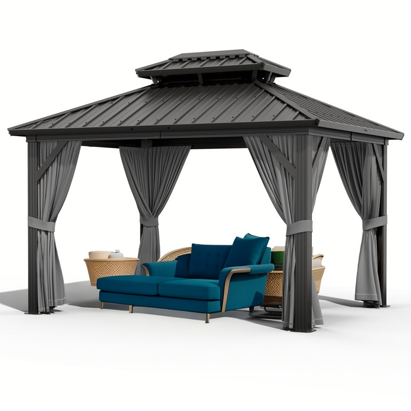 Outdoor Hardtop Gazebo, Galvanized Iron Double Vent Roof with Curtains & Netting, Aluminum Frame Pavilion for Patio, Lawn, Deck, Garden