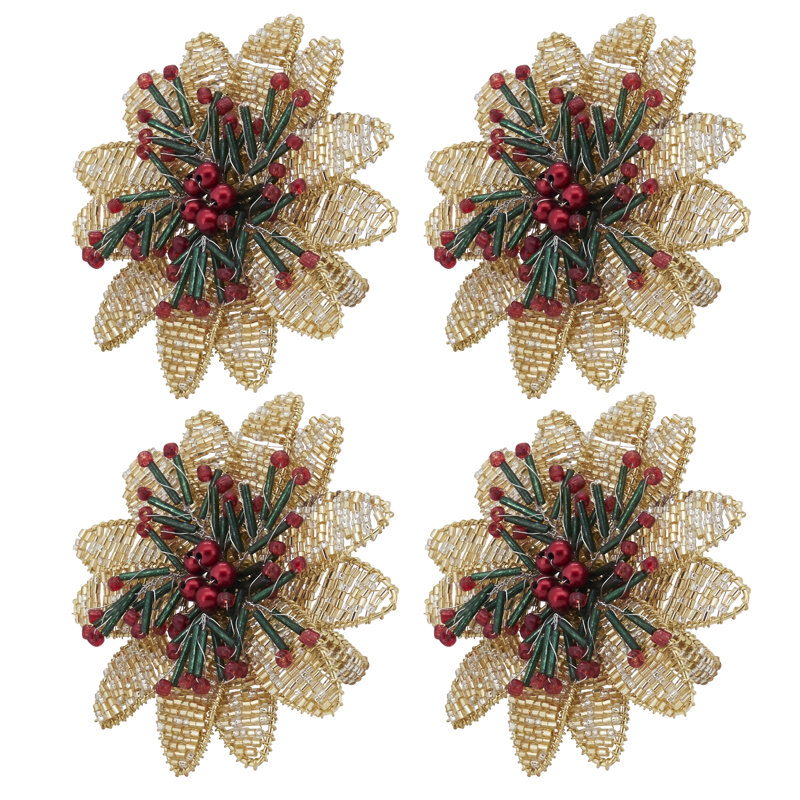 Gold Beaded Flower Design Napkin Rings, Set of 4