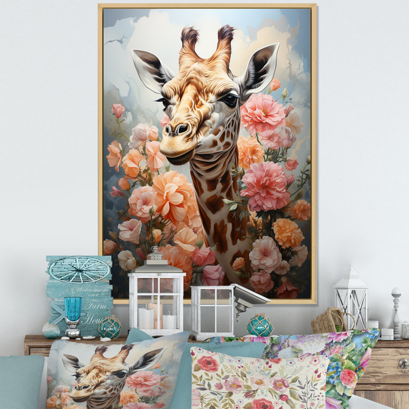 Joli portrait de girafe rose sur toile, Cadre naturel flottant, H 40 po x l 30 po x P 1,5 po