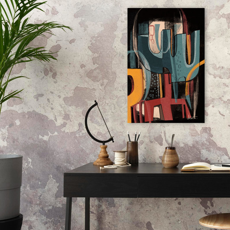 Fleury - Art moderne noir Mid-Century abstrait, H 24 po x l 16 po