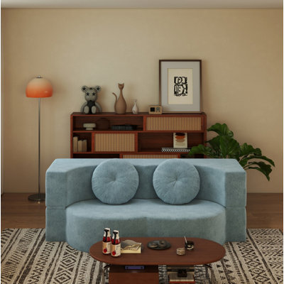 Canapé-lit moderne avec 2 coussins, canapé-lit en velours côtelé moelleux convertible, matelas pliant double de 14,2 po pour le salon, lit d'invité, aucun assemblage requis, bleu clair