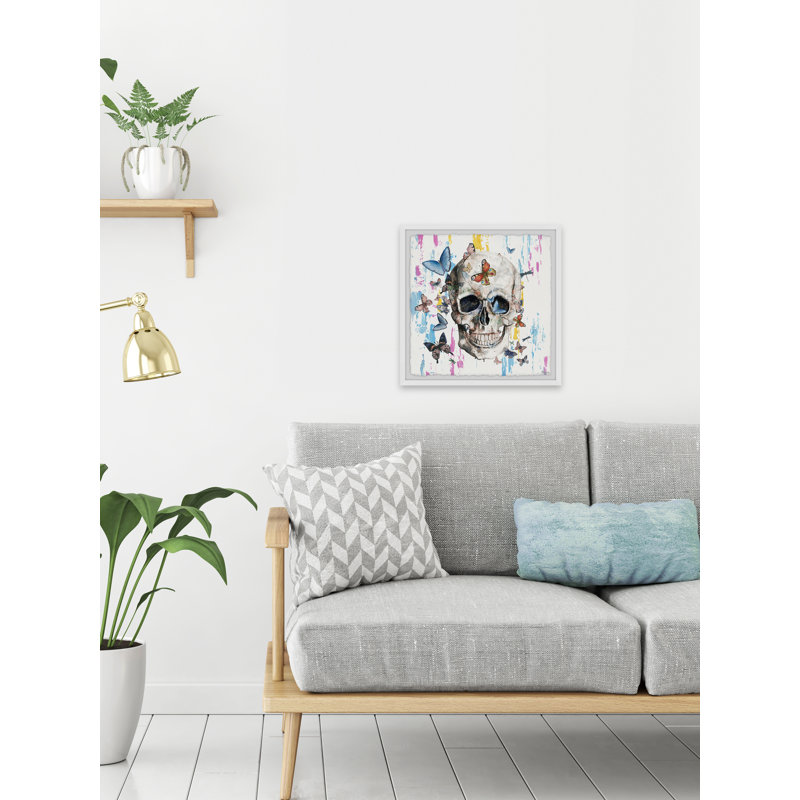 «Colorful Happy Butterfly Skull» par Parvez Taj, reproduction d'art encadrée, H 18 po x l 18 po x P 1,5 po
