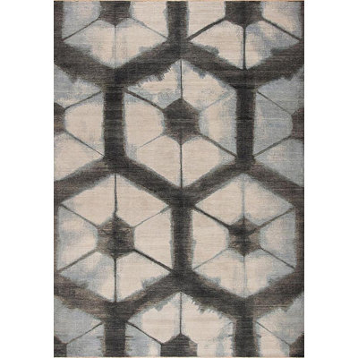 Shibori Hand Knotted Wool Area Rug in Ivory/Gray