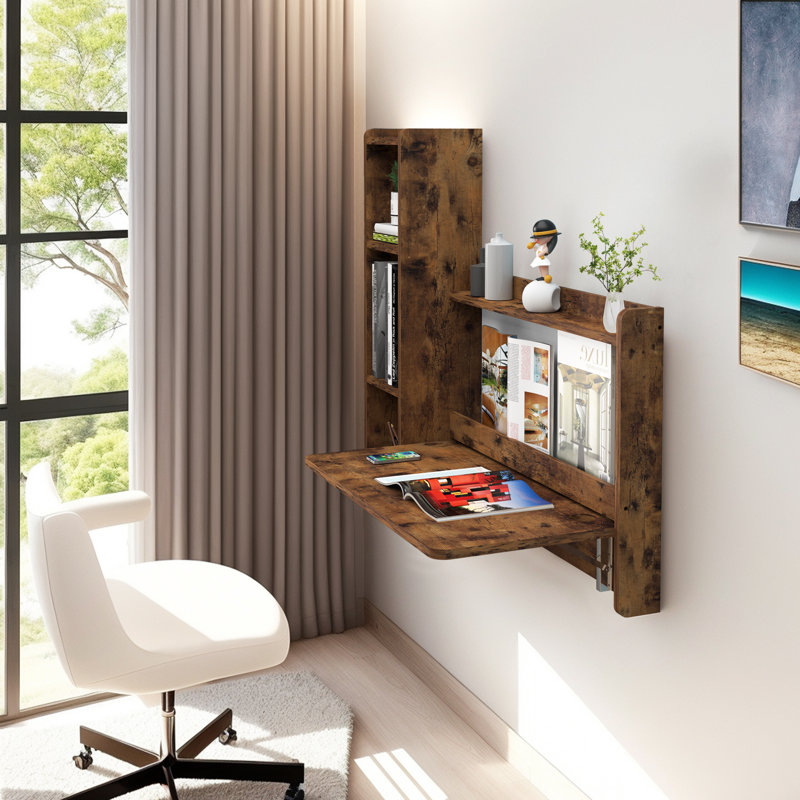Rustic Brown Wall Mounted Fold-Down Desk with Storage Shelf – Space Saving Floating Wall Desk for Home Office, Bedroom & Small Spaces