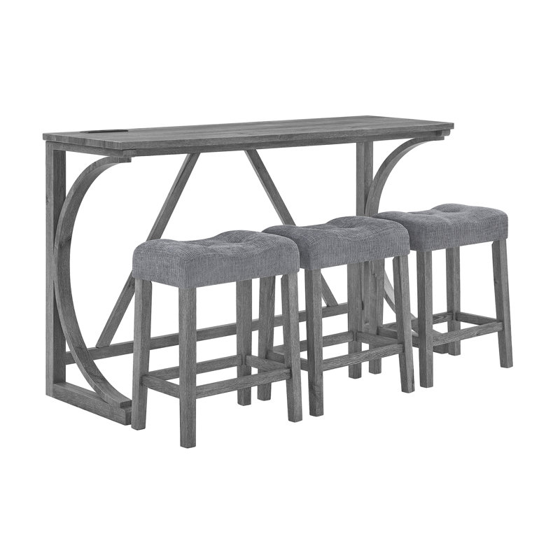 Ensemble de table de bar multi-usages 59 po avec 3 tabourets et prise de courant intégrée, table de canapé en bois massif pour la cuisine, le salon et la salle à manger