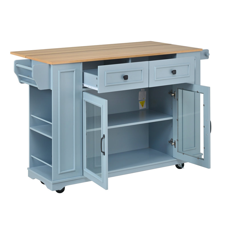 Kitchen Island with Glass Door Storage, Power Outlet and Open Shelves, Blue Gray