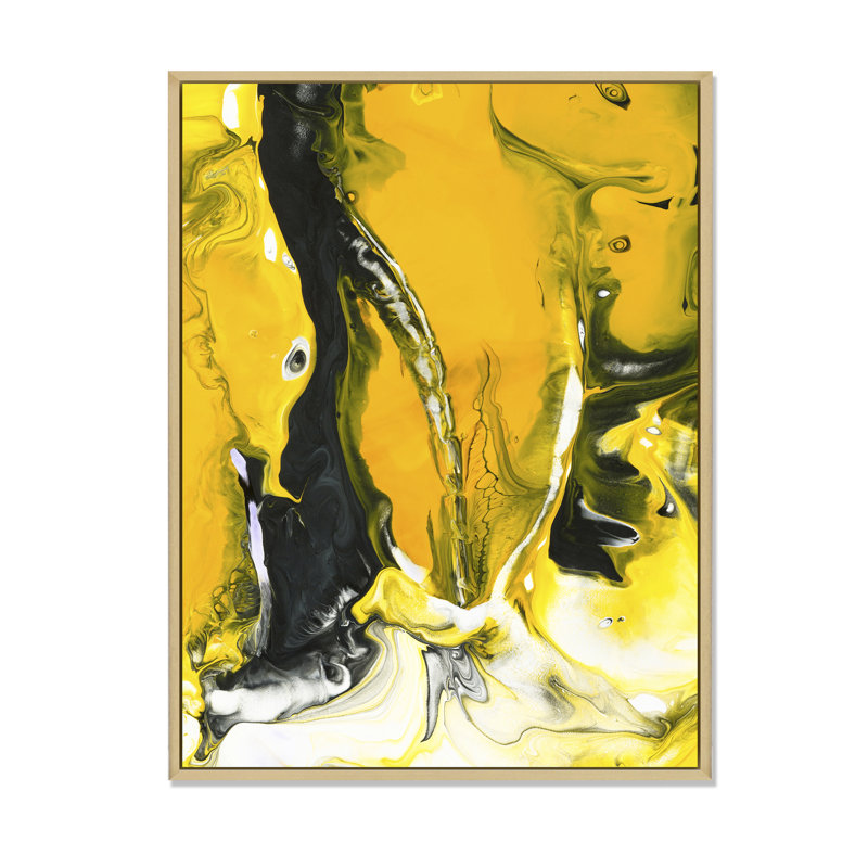Jaune jaune, noir et blanc liquide Art VII - peinture sur toile, Cadre flottant en érable, H 20 po x l 12 po x P 1 po
