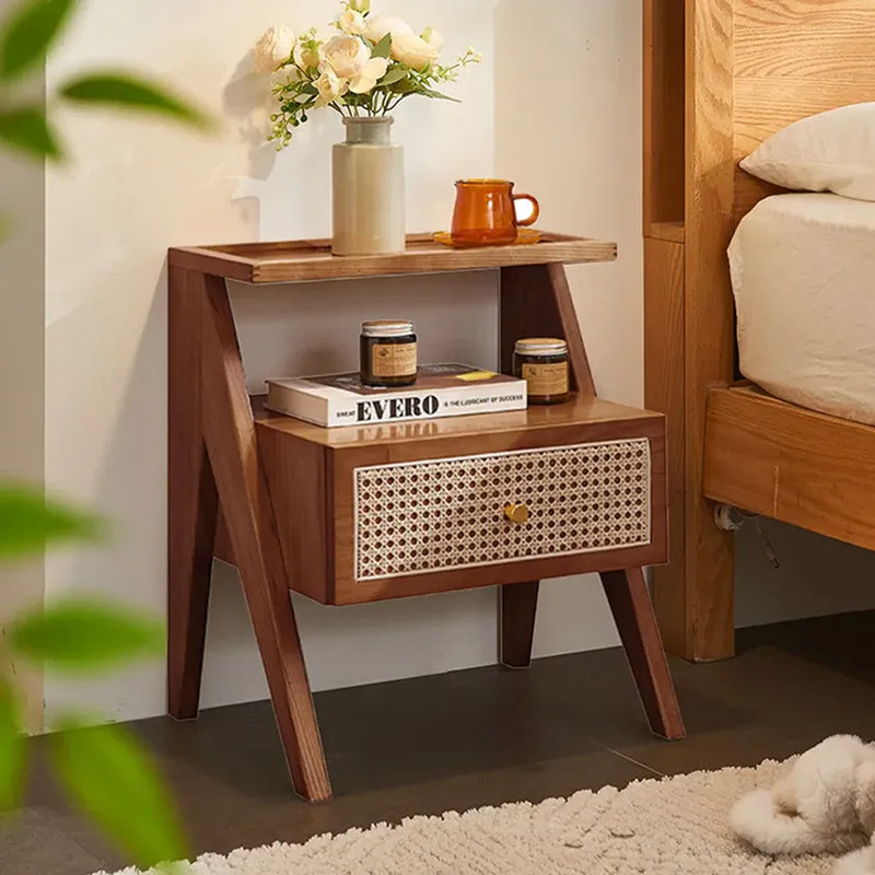 Mina Solid Wood & Rattan Bedside Cabinet, Walnut