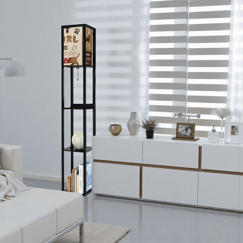Lampe sur pied à motif floral lavande avec tablettes et design botanique