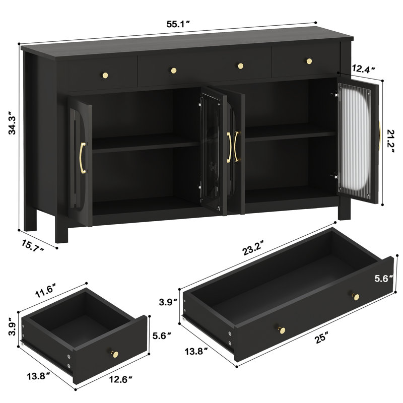 srping 55" Large Sideboard Buffet Cabinet With Storage, Kitchen Storage Cabinet With 3 Drawers And 4 Glass Doors, Buffet Table Coffee Bar Cabinet For Dining Room, Living Room