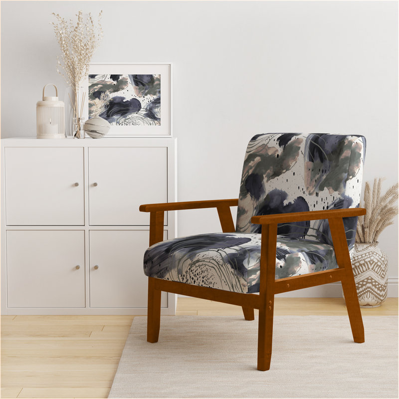 Abstract Pattern With Blue & Golden Textures II - Upholstered Modern Velvet Arm Chair, Brown, Beige/White/Navy Blue/Gray