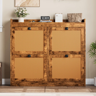  Shoe Cabinet – 4 Deep Tilt-Off Drawers, Rattan Doors, Adjustable Shelves, Freestanding Entryway/Hallway Cabinet – Vintage Wood Finish – Set of 2