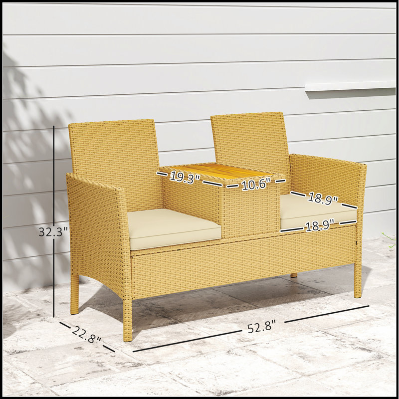 Causeuse de patio avec table rabattable et rangement - Structure en acier rotin, coussins résistants à l'eau, canapé d'extérieur compact