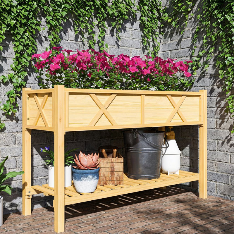 Planting Storage Box Wrought Studio Double-layered Raised Wooden Planting Box, Elevated ...