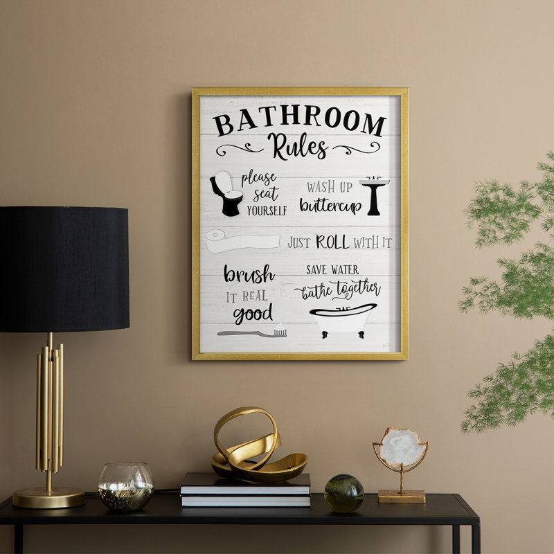 «Rules of the Bathroom», reproduction encadrée - bois massif, H 11 po x l 9 po, Doré