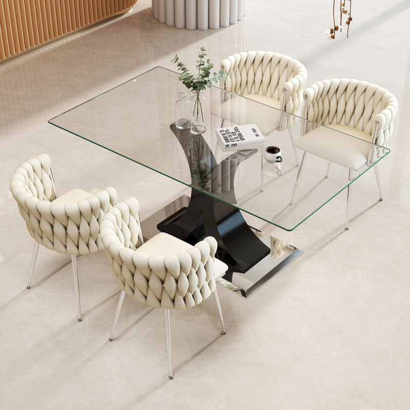 Ensemble de salle à manger moderne à piédestal rectangulaire en verre trempé avec chaise tissée en velours, Ivoire, Blanc