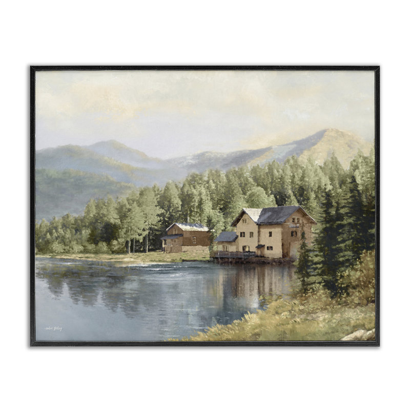 «Lakeside Cabin with Mountain View», estampe numérique, conception signée Amber Sterling, H 11 po x l 14 po
