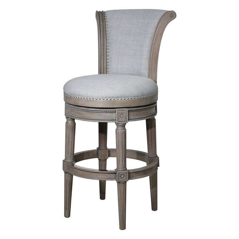 Tabouret de bar pivotant en bois massif Ted, Siège en polyester gris / cadre gris vieilli, 3