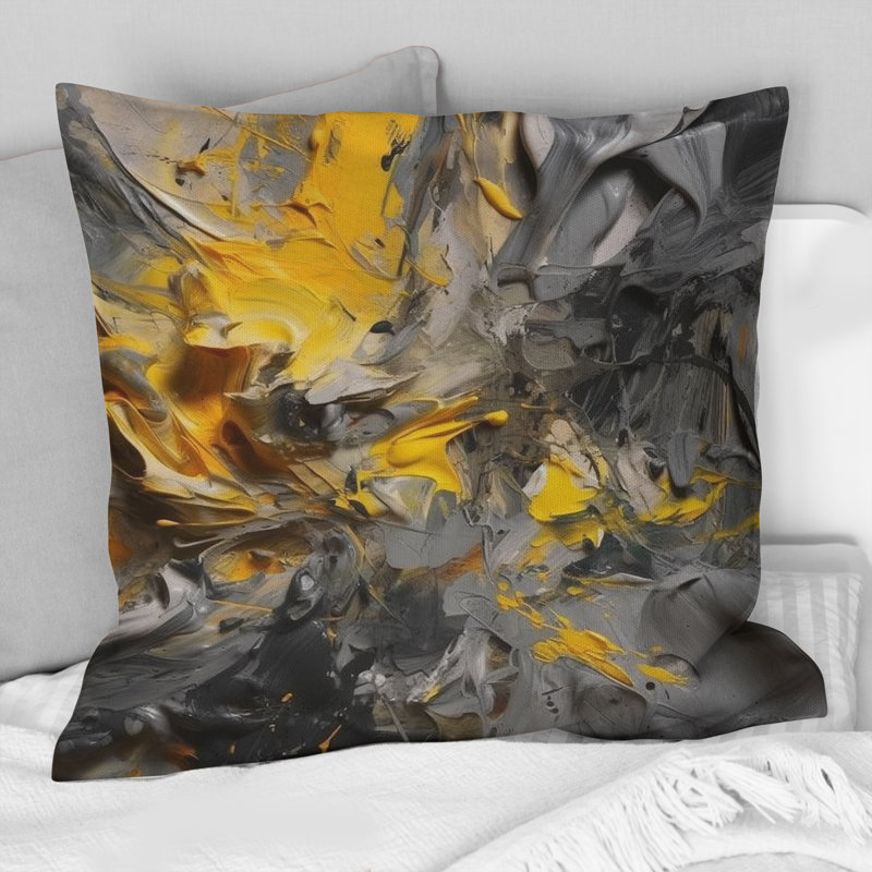 Coussin Bliss Of Happiness en gris et jaune - Collages abstraits imprimés