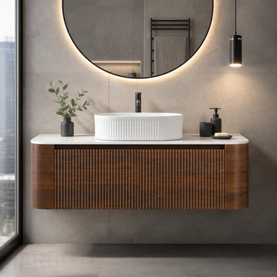 Meuble-lavabo de salle de bain avec lavabo, armoire murale en noyer avec porte-serviettes gratuit, lavabo simple en céramique rayé ovale, sans bonde ni robinet, pré-assemblé