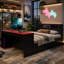 Lit de jour en bois pleine grandeur avec lit gigogne simple, bureau, lumière DEL et USB, noir et rouge-1137309618-1137309619