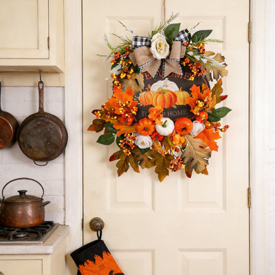 Festive Autumn Pumpkin Wreath with "Welcome to Our Home" Sign, Embellished with Fall Leaves, Berries, and a Checkered Bow - Perfect Seasonal Door Decor