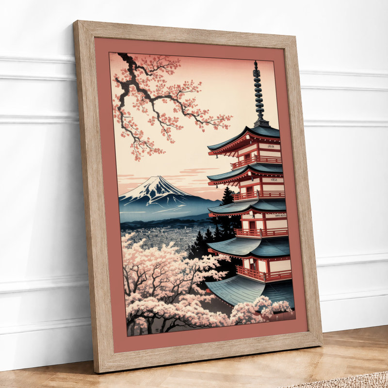 Pagoda at Dawn Japandi - Framed Print, A2 - 59.4 x 42.0 cm, Oak