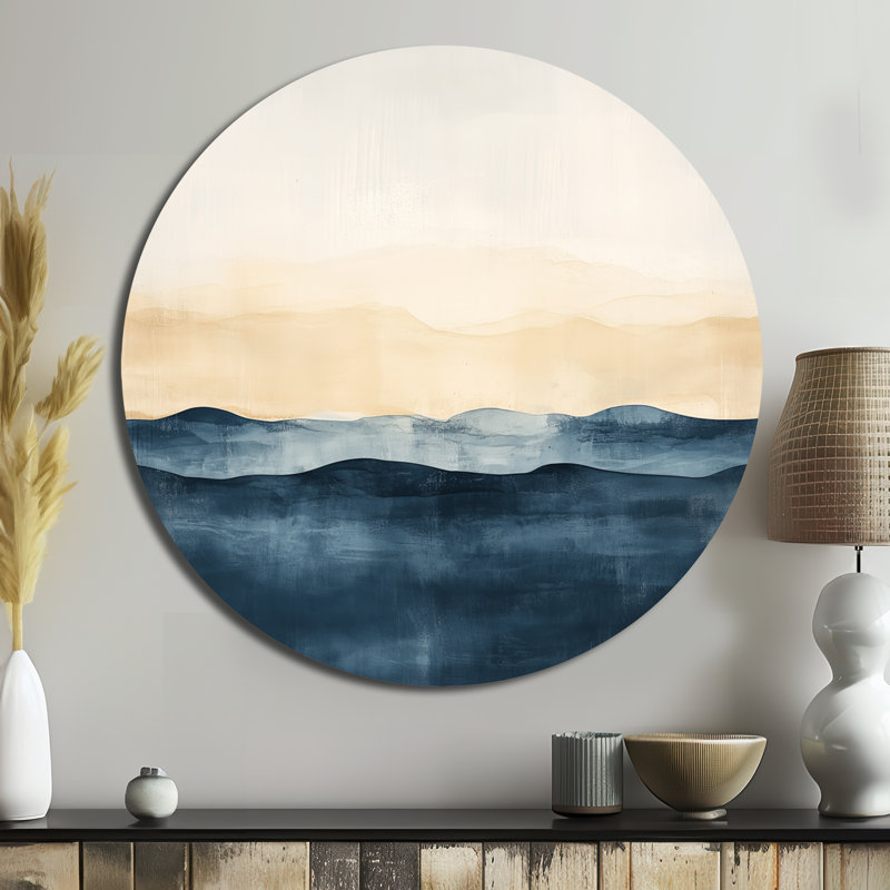 Shoreline in Soft Abstraction I - Art mural rond en métal paysage moderne, H 16 po x l 16 po