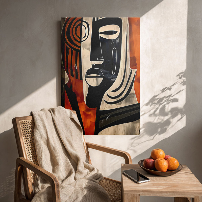 Cadre mural tendu moderne «Face géométrique avec lignes audacieuses et tons chauds» pour portrait éclectique