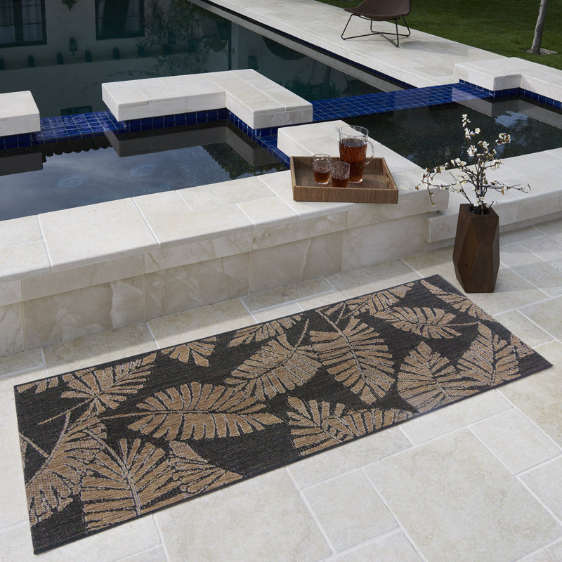 Black and Brown Tropical Floral Flatweave Runner Rug, 2'2" x 6'