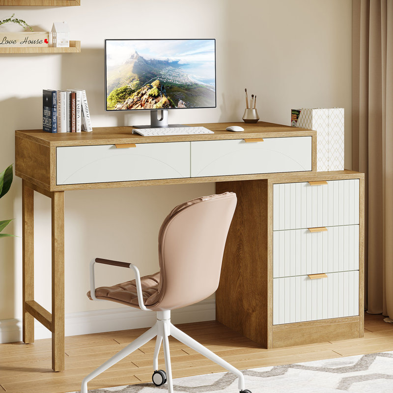 Petit bureau d'ordinateur avec tiroirs, Brun naturel et blanc