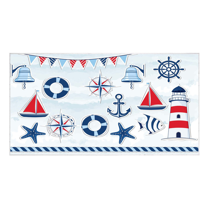 Tapis rectangulaire en polyamide tissé à la machine bleu / rouge / blanc Pelley, Rectangle 3 pi 3 po x 5 pi 3 po