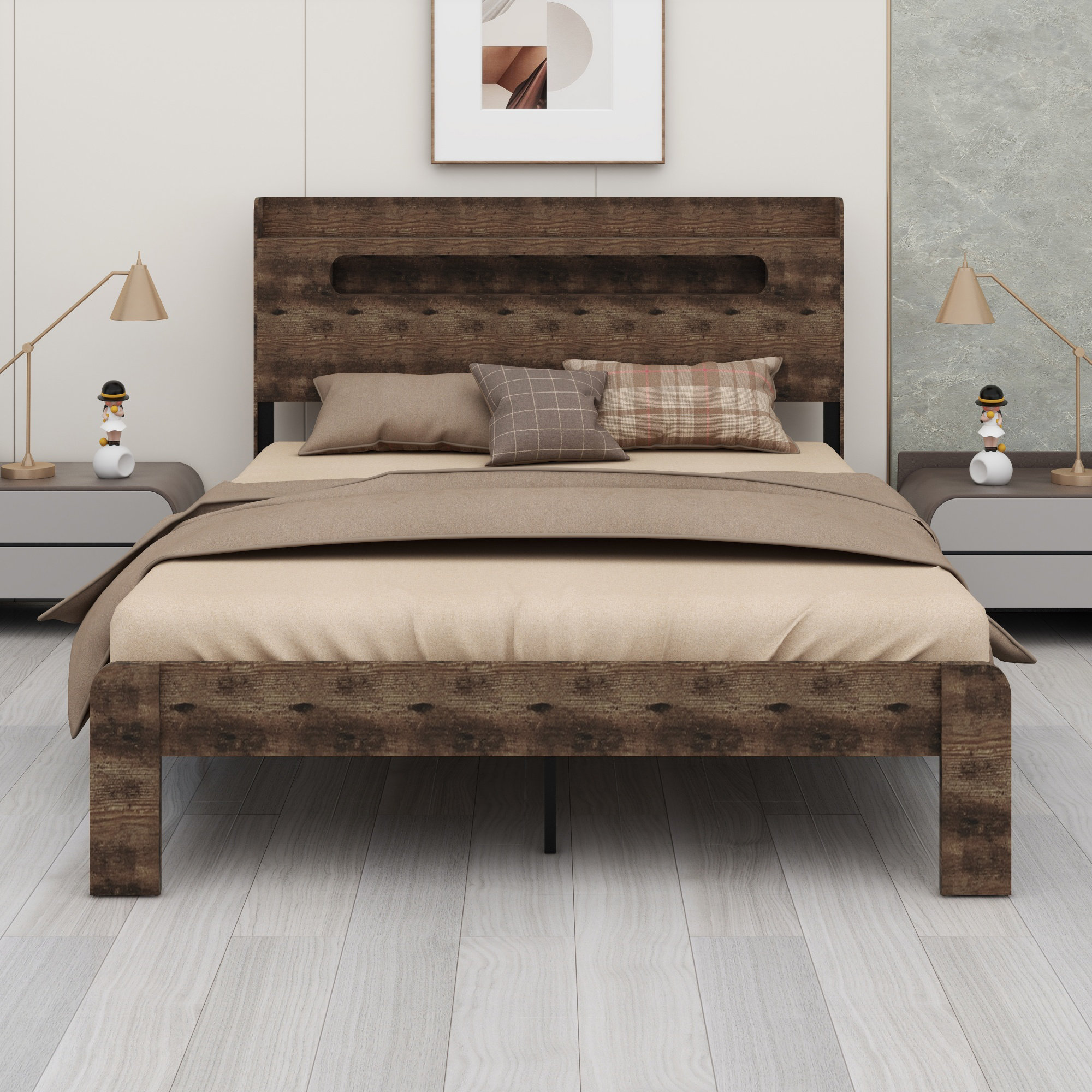 Ebern Designs Wood Platform Bed Frame With Storage LED Light Headboard ...