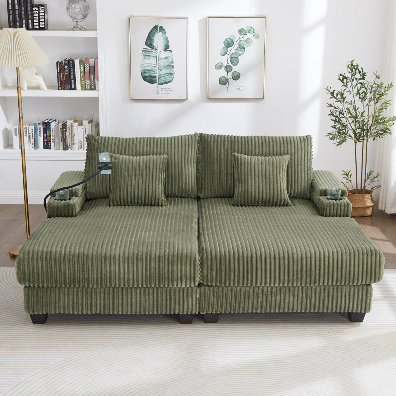 Canapé moderne avec méridienne 75,5 po Canapé-lit avec dossier réglable, porte-gobelets, porte-téléphone et compartiments de rangement pour le salon, vert