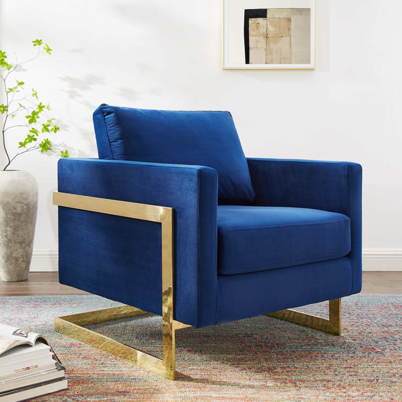 Fauteuil d'appoint en tissu Posse, Polyester marine, Or