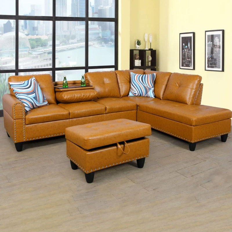 3-piece Synthetic Leather Sectional Sofa, Ginger Faux Leather