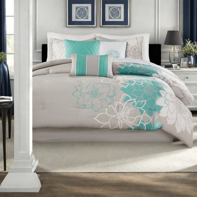 Ensembles de literie en satin de coton luxueux, grand turquoise avec motif floral, hypoallergénique et lavable à la machine