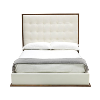 Cid Jess Platform Bed, White Tufted Faux Leather, Walnut Brown -  Benjara, BM317264