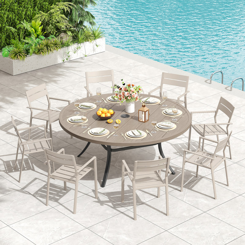 60" Patio Dining Set with Metal Round Dining Table and 8 Metal Armrest Chairs, Brush Wood Gray/Cream